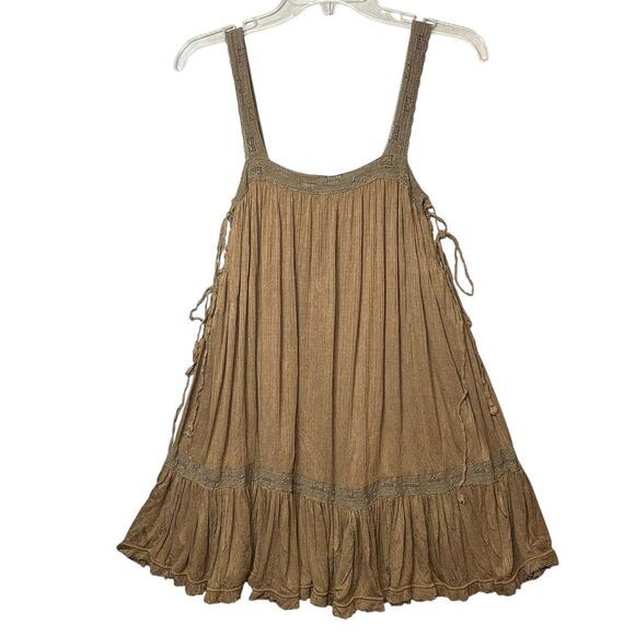 Free People Top Womens Small Green Boho Babydoll Tunic Tank Crinkle Lace Trim - Picture 3 of 13